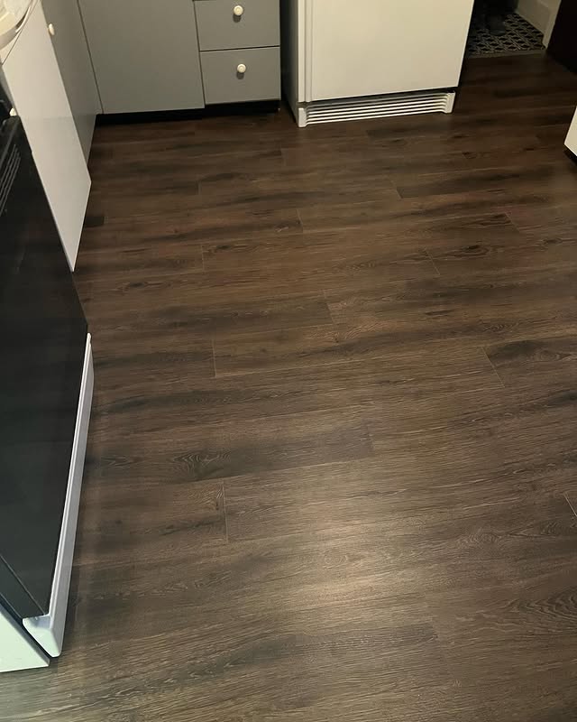 Kitchen with LVP flooring and white cabinetry